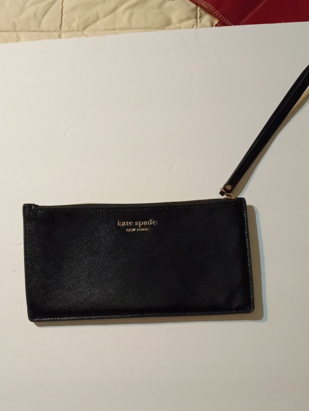 kate spade Black Leather Wristlet Clutch with Gold Logo Boutique No Outlet